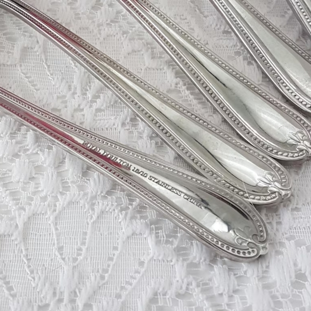 Royal Doulton Beaded Stainless Steel Tea Spoons Set - Vintage Flatware 6 Pieces